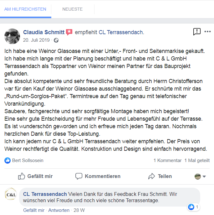 Glasdach Referenz einer Kundin auf Facebook